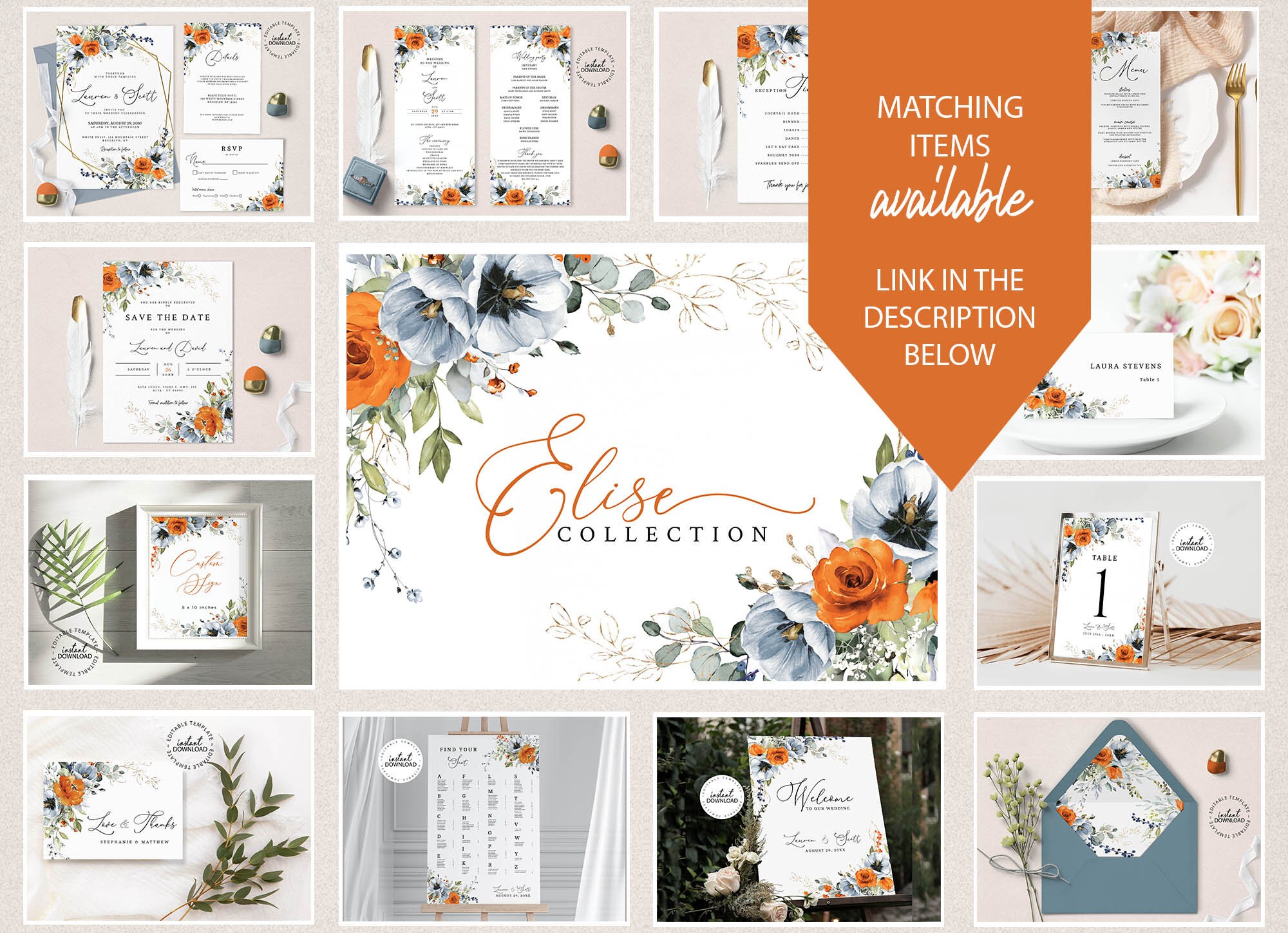 Editable Wedding Table Number Template, INSTANT DOWNLOAD, Orange and ...