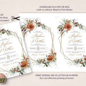 May include: Wedding invitation template with a gold geometric frame and watercolor floral design featuring orange and white flowers. The text reads "Stephanie & Matthew" and includes the date and time of the wedding.