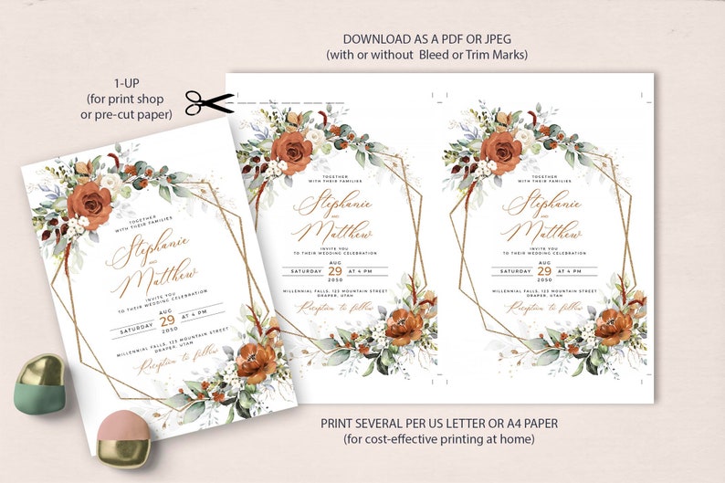 May include: Wedding invitation template with a gold geometric frame and watercolor floral design featuring orange and white flowers. The text reads "Stephanie & Matthew" and includes the date and time of the wedding.
