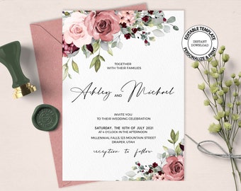 THEA- Blush and dusty red floral Wedding Invitation, Editable template, INSTANT DOWNLOAD, Dusty pink roses invitation printable, W25