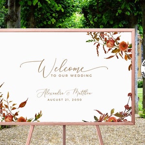 Herfst bloemen bewerkbare bruiloft welkom teken sjabloon, verbrand oranje welkom poster, INSTANT DOWNLOAD, bruiloft receptie teken, W98