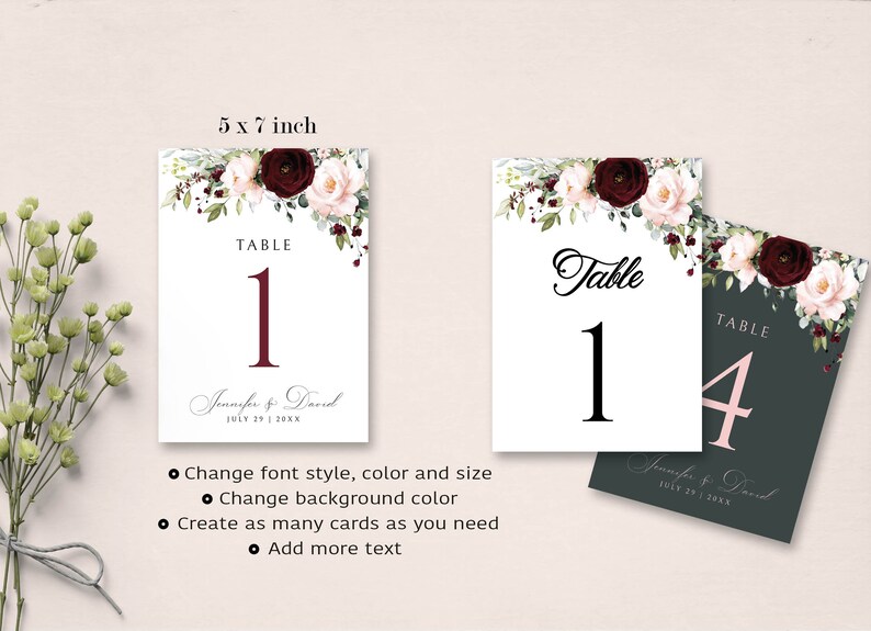 Editable Wedding Table Number Template, INSTANT DOWNLOAD, Burgundy Red ...