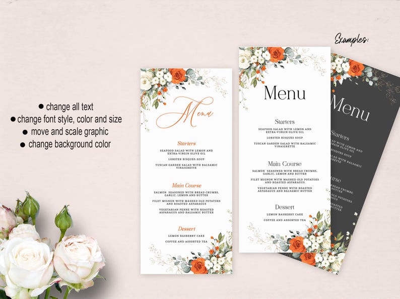 Flower Design For Menu Editable Floral Wedding Menu Card, Orange and White Menu Template ...