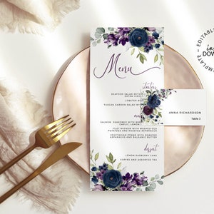 Editable Menu and Place Card Set, Purple and Blue Floral Wedding Menu Template, INSTANT DOWNLOAD, Printable Shower Brunch Dinner Menu, W205