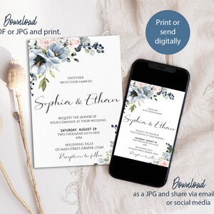 May include: A wedding invitation with a blue and pink floral design. The invitation is for Sophia and Ethan and includes the date and time of the wedding, as well as the location. The invitation also includes the text "Reception to follow".