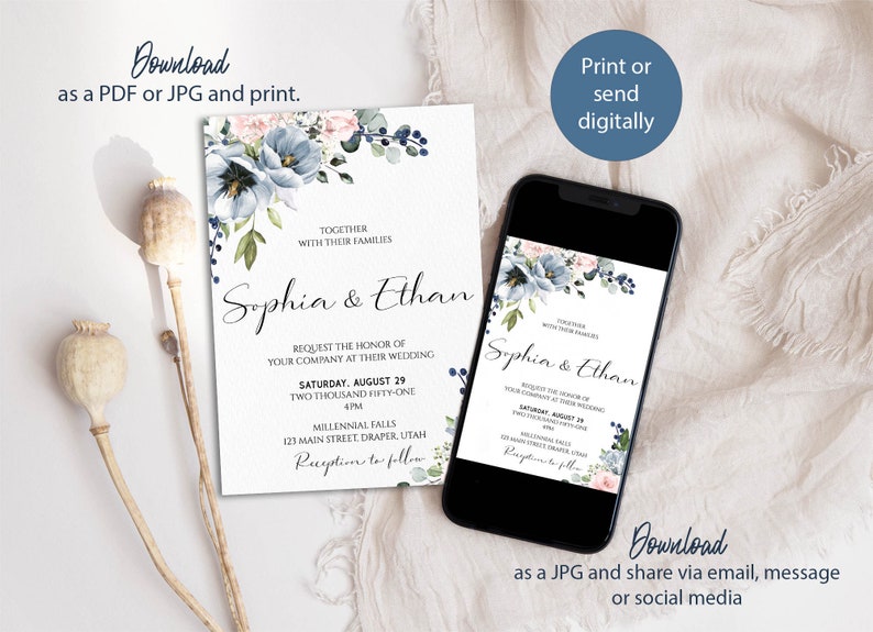 May include: A wedding invitation with a blue and pink floral design. The invitation is for Sophia and Ethan and includes the date and time of the wedding, as well as the location. The invitation also includes the text "Reception to follow".