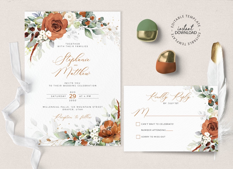 LYRA Editable Orange and White Wedding Invitation Set INSTANT DOWNLOAD Terracotta Floral Wedding Invite Orange Invites W179