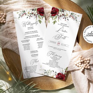 Editable Wedding Program Template, INSTANT DOWNLOAD, 4x9" Red and White Floral Wedding Ceremony Program, Printable, W33