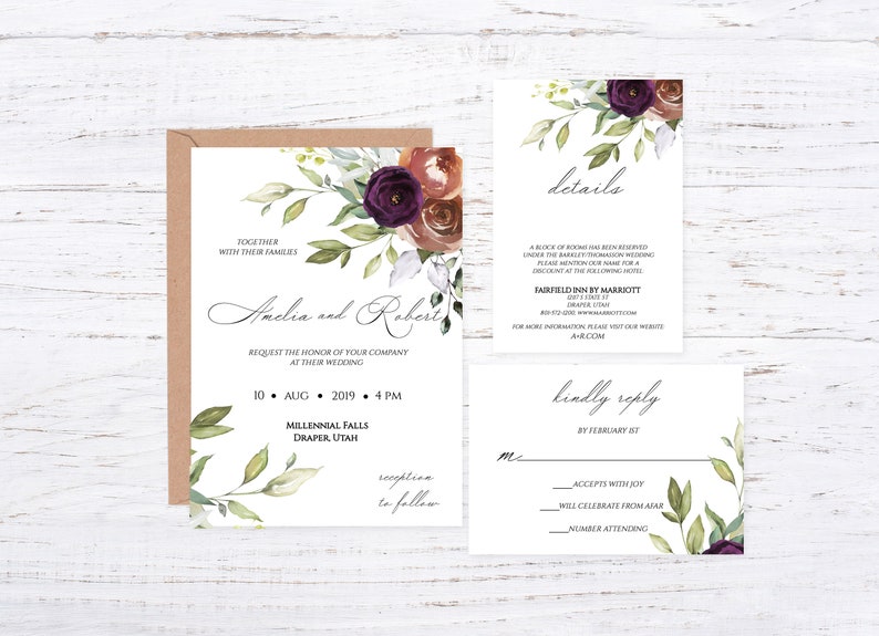 Fall floral wedding invitation W72 Watercolour greenery and roses invitation set Autumn floral invitation Editable template