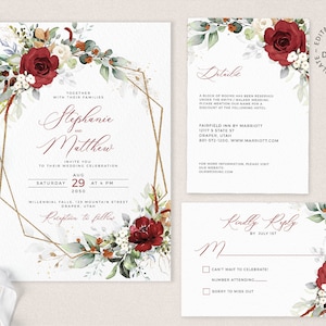 Editable Red and White Floral Wedding Invitation Set, INSTANT DOWNLOAD, Faux Gold Geometric Wedding Invite Template Suite, W207