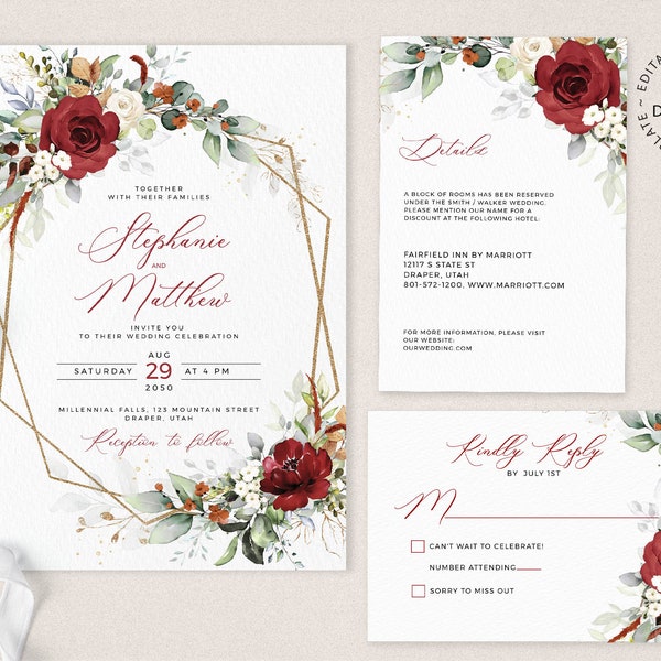 Editable Red and White Floral Wedding Invitation Set, INSTANT DOWNLOAD, Faux Gold Geometric Wedding Invite Template Suite, W207