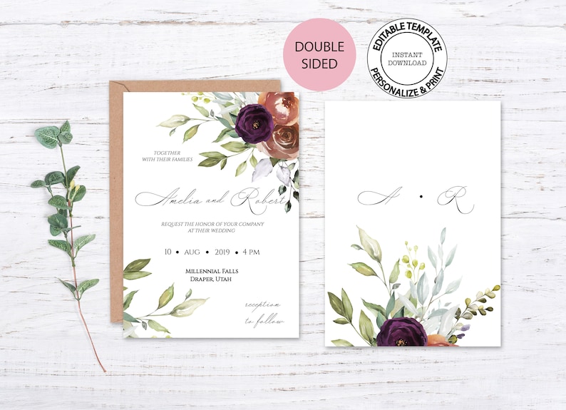 Fall floral wedding invitation W72 Watercolour greenery and roses invitation set Autumn floral invitation Editable template