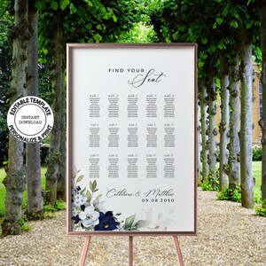 CHLOE - Editable Wedding Seating Plan Template, Wedding Tables Chart, INSTANT DOWNLOAD, Blue Floral Find Your Seat Poster, Guest List, W159