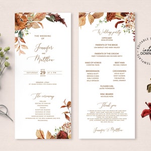 SCARLETT - Fall Floral Wedding Program Template, INSTANT DOWNLOAD,  Burnt Orange Editable Program, Catholic Church Ceremony Order, W89