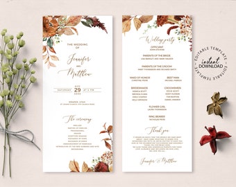 SCARLETT - Fall Floral Wedding Program Template, INSTANT DOWNLOAD,  Burnt Orange Editable Program, Catholic Church Ceremony Order, W89