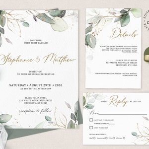 MEIRA - Greenery Wedding Invitation Bundle Template, Faux Gold Foliage Invite Set, Rsvp and Details Card, INSTANT DOWNLOAD, Printable, W154