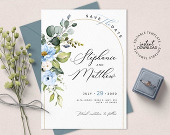 LARA - Blue Floral Save The Date, Editable Template, INSTANT DOWNLOAD, Baby Blue and Faux Gold Save the Dates,  Editable Save the Date, W78