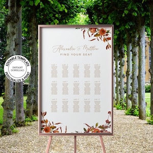 Könnte beinhalten: Ein druckbarer Hochzeitssitzplan mit weißem Hintergrund und einem floralen Design in Orange- und Brauntönen. Der Text "Alexandra & Matthew Find Your Seat" befindet sich oben auf dem Plan.