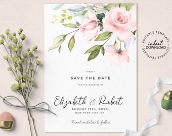 Blush Floral Save the Date Vorlage, SOFORTIGER DOWNLOAD, Bearbeitbare Rosa Rosen Save the Date, Blasse Rose Blumen Hochzeit Save the Date, W80