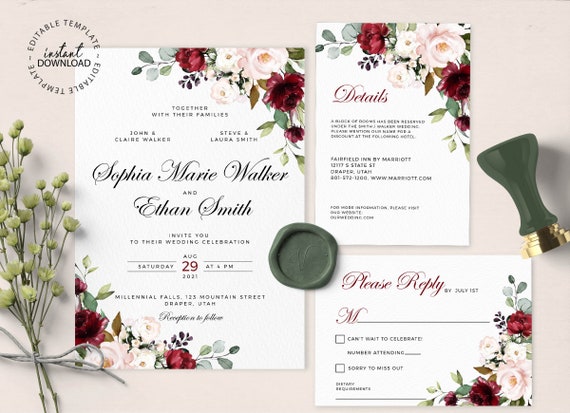 Burgundy Floral Wedding Invitation Editable and Printable - Etsy