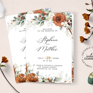 LYRA - Editable Folded Program Template, INSTANT DOWNLOAD, Orange Floral Wedding Bifold Program, Catholic Church Ceremony Schedule, W179