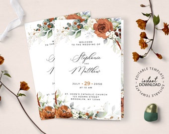 LYRA - Editable Folded Program Template, INSTANT DOWNLOAD, Orange Floral Wedding Bifold Program, Catholic Church Ceremony Schedule, W179