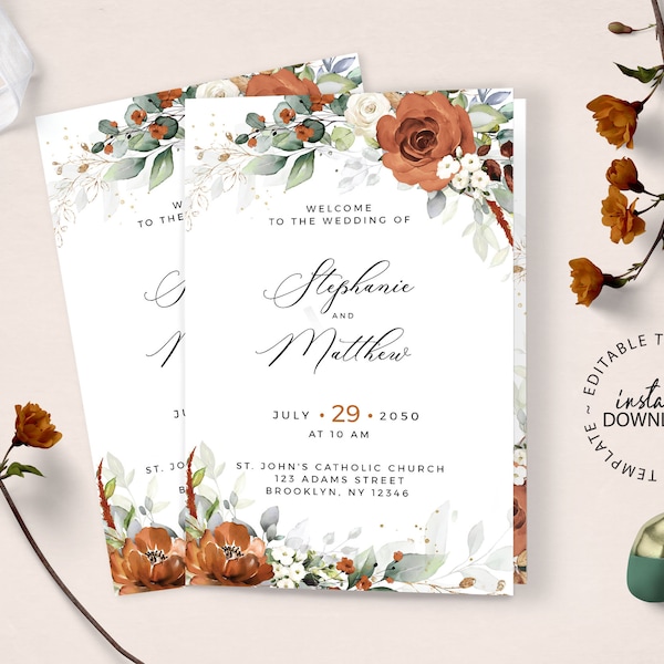 LYRA - Editable Folded Program Template, INSTANT DOWNLOAD, Orange Floral Wedding Bifold Program, Catholic Church Ceremony Schedule, W179