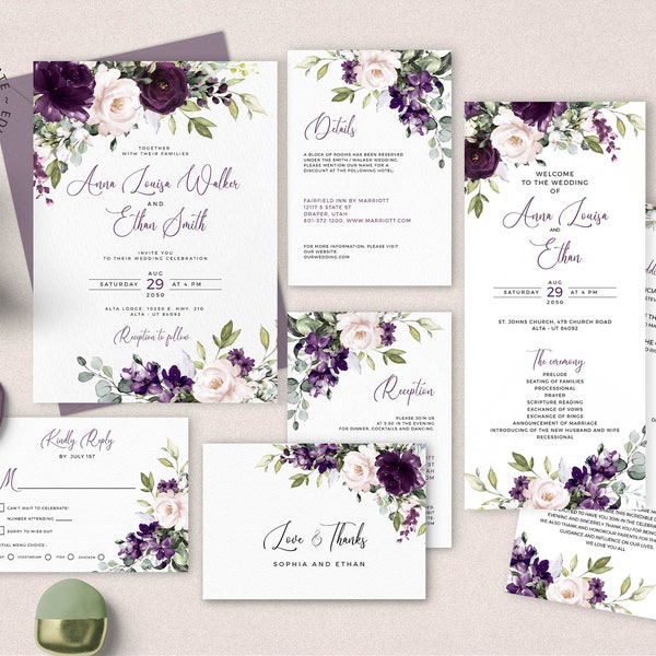 ELLIE - Purple Floral Wedding Invitation Set, Editable Mauve Invites, INSTANT DOWNLOAD, Plum and Blush Floral Wedding Invite Template, W129