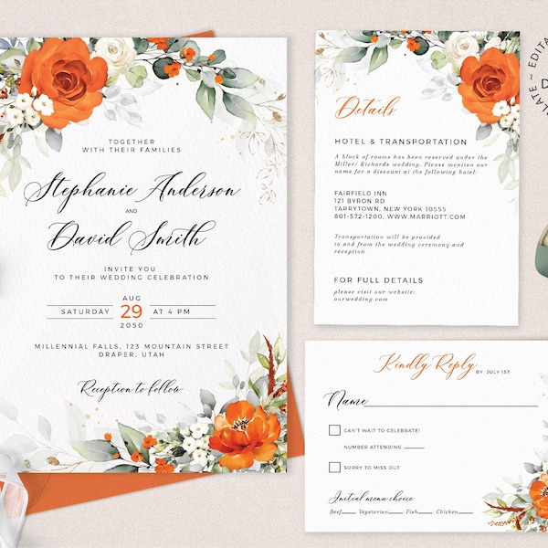 Editable Orange Wedding Invitation Set, INSTANT DOWNLOAD, Orange and White Floral Wedding Invite Template Suite, Rsvp and Details, W230