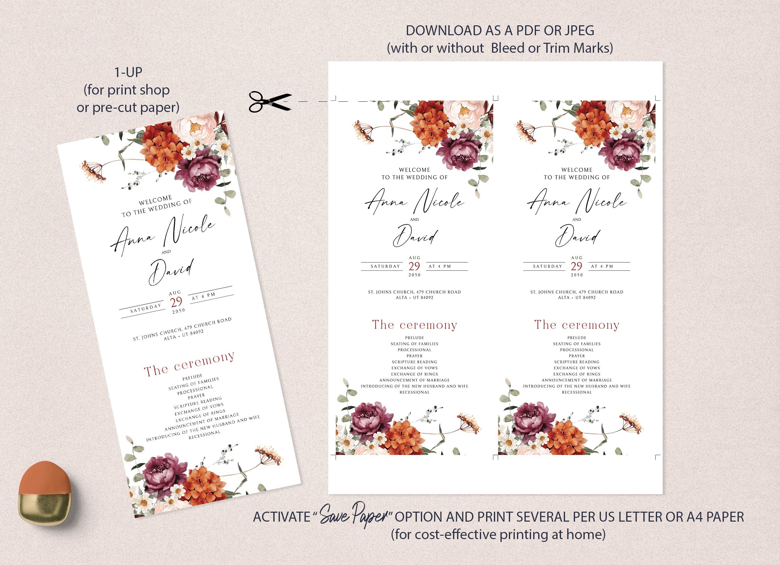 Fall Progrm Template Editable Fall Floral Wedding Program Template, INSTANT DOWNLOAD, Burnt ...