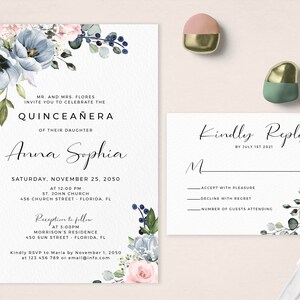 Editable Quinceanera Invitation and RSVP Template Download, Blue and ...