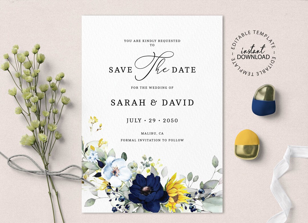 Editable Save the Date With Sunflower and Blue Flowers, INSTANT ...