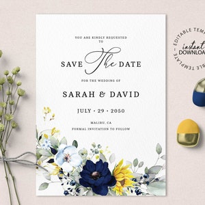 Editable Save the Date with Sunflower and Blue Flowers, INSTANT DOWNLOAD, Editable Blue and Yellow Floral Save the Dates, Printable, W190