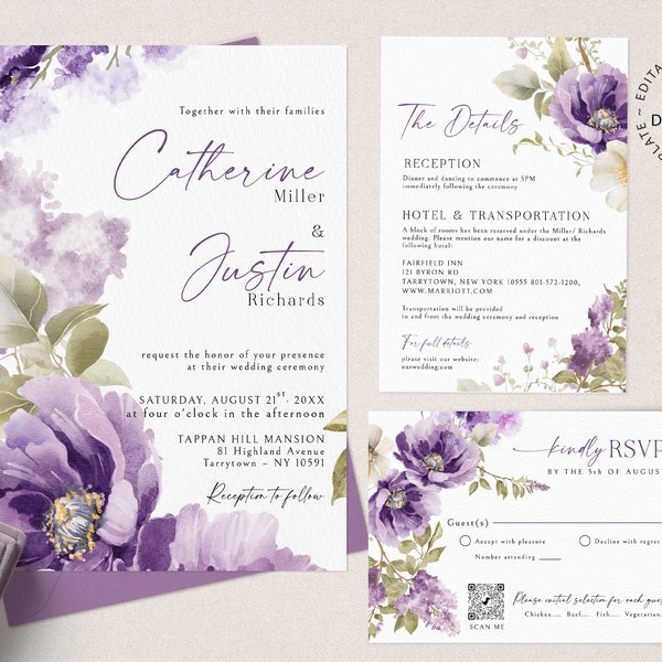 Editable Purple Floral Wedding Invitation Set, RSVP and Details Card, INSTANT DOWNLOAD, Lilac Floral Wedding Invite Bundle, Printable, W276