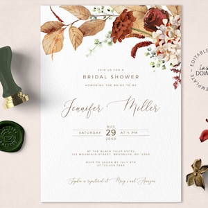 SCARLETT - Rust and Burnt Orange Floral Bridal Shower Invitation Template, Editable Fall Flowers Bridal Shower Invite, INSTANT DOWNLOAD, W89