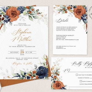 SIA - Burnt Orange and Blue Wedding Invitation Set, INSTANT DOWNLOAD, Editable Orange Floral Wedding Invite, Blue Flowers Invites, W208