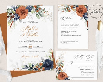 SIA - Burnt Orange and Blue Wedding Invitation Set, INSTANT DOWNLOAD, Editable Orange Floral Wedding Invite, Blue Flowers Invites, W208