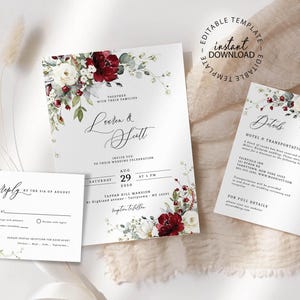 Red and white floral wedding invitation suite, Editable template, INSTANT DOWNLOAD, Red and white roses invite, RSVP and details card, W33