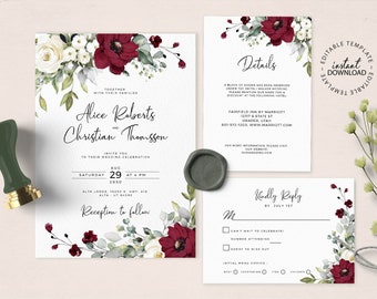 Wedding Invitation Set with Red and White Roses, Editable Template, INSTANT DOWNLOAD, Cream White Floral invite, Rsvp and Details Card, W26