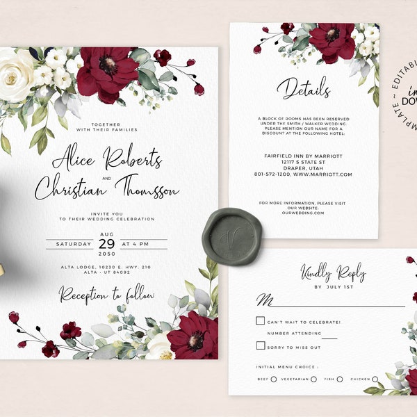 Wedding Invitation Set with Red and White Roses, Editable Template, INSTANT DOWNLOAD, Cream White Floral invite, Rsvp and Details Card, W26