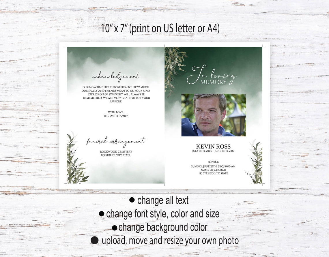 Funeral Program Folded Editable Template INSTANT DOWNLOAD - Etsy