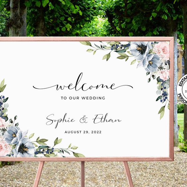 SERENE - Editable Wedding Welcome Sign Template, Blue and Pink Floral Welcome Poster, INSTANT DOWNLOAD, Wedding Reception Sign, W34