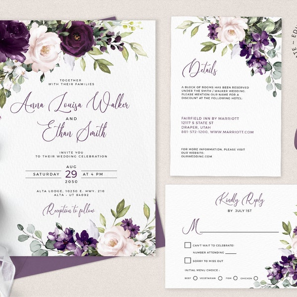 ELLIE - Purple Floral Wedding Invitation Suite, Editable Template, INSTANT DOWNLOAD, Plum and Pale Pink Invite, Rsvp and Details Card, W129