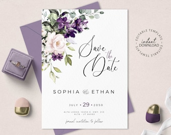 ELLIE - Purple Save the Date Template, INSTANT DOWNLOAD, Plum Floral Editable Save the Date, Eggplant Mauve and Pale Rose Save Dates, W129