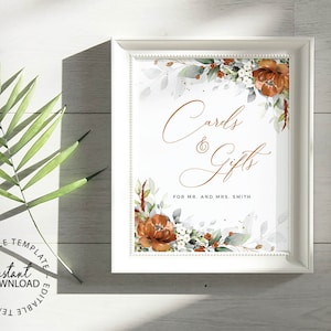 LYRA - Burnt Orange Cards and Gifts Sign, INSTANT DOWNLOAD, Terracotta Floral Wedding Signage, Cards and Gifts Editable Poster, W179
