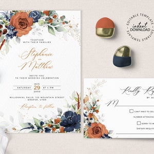 SIA - Burnt Orange and Blue Wedding Invitation and Rsvp, INSTANT DOWNLOAD, Editable Orange Floral Wedding Invite, Blue Flowers Invites, W208