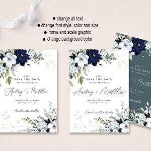 May include: Two save the date cards with a watercolor floral design in shades of blue and white. The text on the cards reads "Kindly Save the Date for the Wedding of Audrey & Matthew August 17th, 2050 New York City, NY Formal invitation to follow."