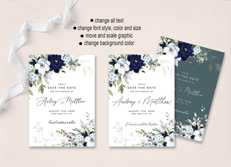 May include: Two save the date cards with a watercolor floral design in shades of blue and white. The text on the cards reads "Kindly Save the Date for the Wedding of Audrey & Matthew August 17th, 2050 New York City, NY Formal invitation to follow."