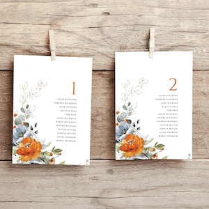Editable Orange and Blue Floral Wedding Seating Chart With Cards, Alphabetical Table Plan, INSTANT DOWNLOAD, Wedding Hanging Cards, W193