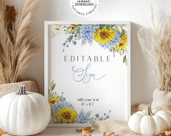 Editable Rustic Wedding Sign Template: Blue Hydrangeas and Sunflowers 8x10 Poster for Bridal Shower, Instant Download, Templett, (W269)